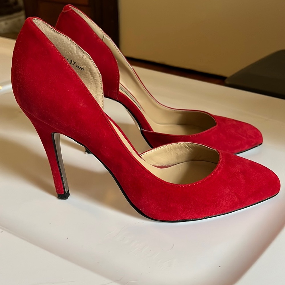 Red suede stiletto heels!
